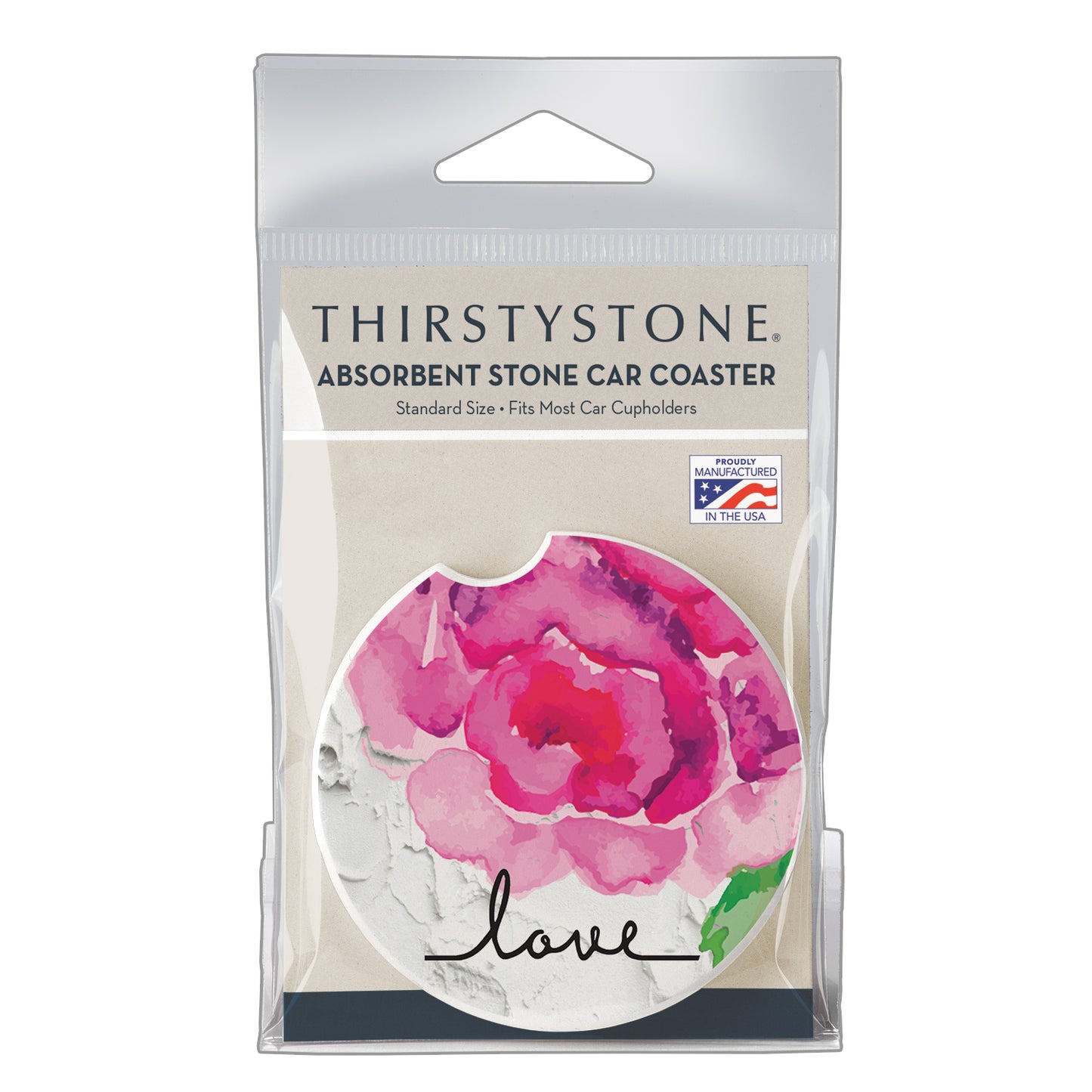 Thirstystone Love Single Absorbent Stone Coaster for Vehicle Cup Holder 2.6” Diameter Manufactured in The USA