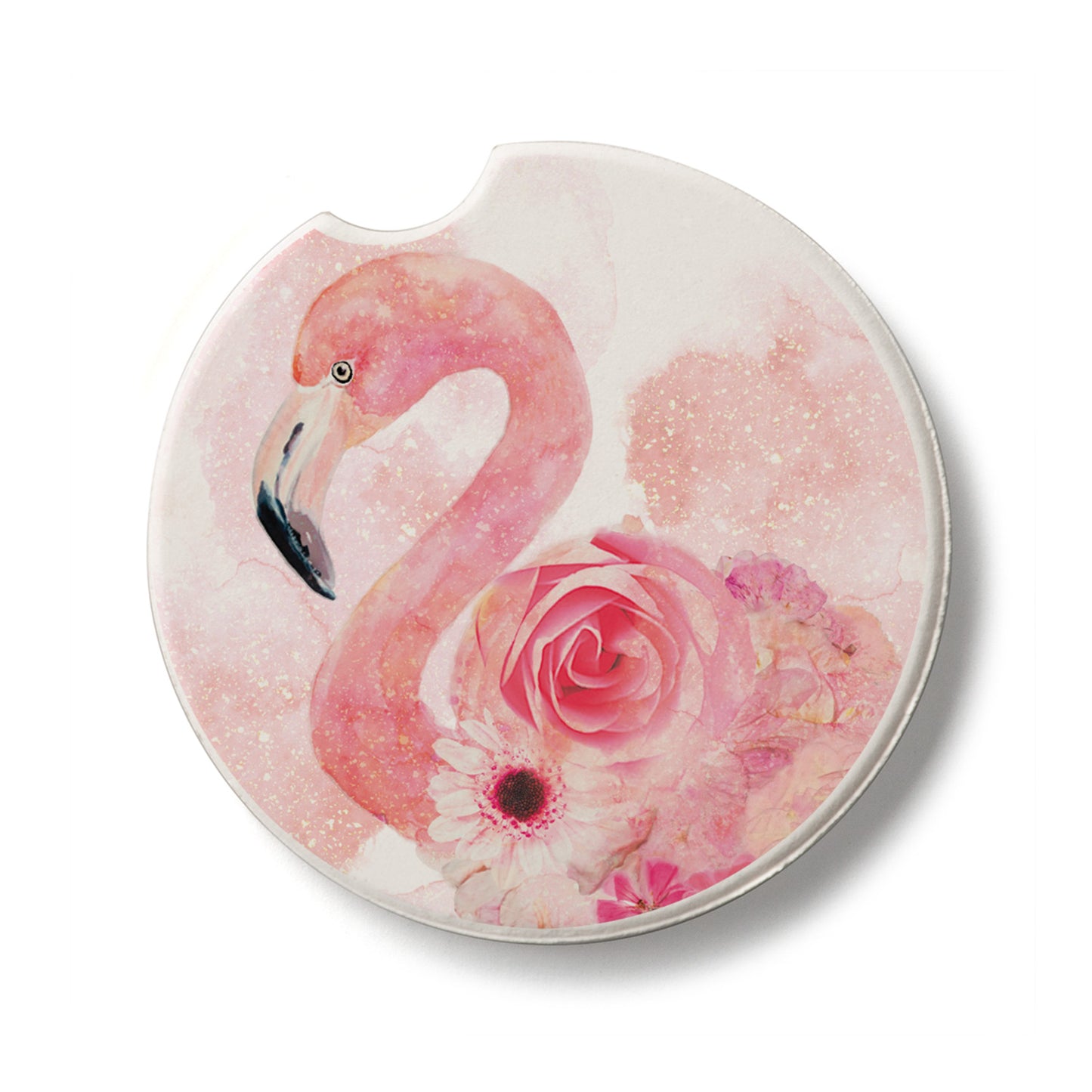 Floral Flamingo Single Absorbent Stone Car Coaster  2.6” Diameter Manufactured in the USA