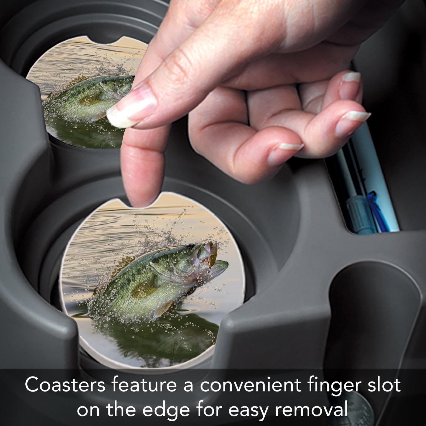 Thirstystone Bass Fishing Single Absorbent Stone Coaster for Vehicle Cup Holder 2.6” Diameter Manufactured in The USA