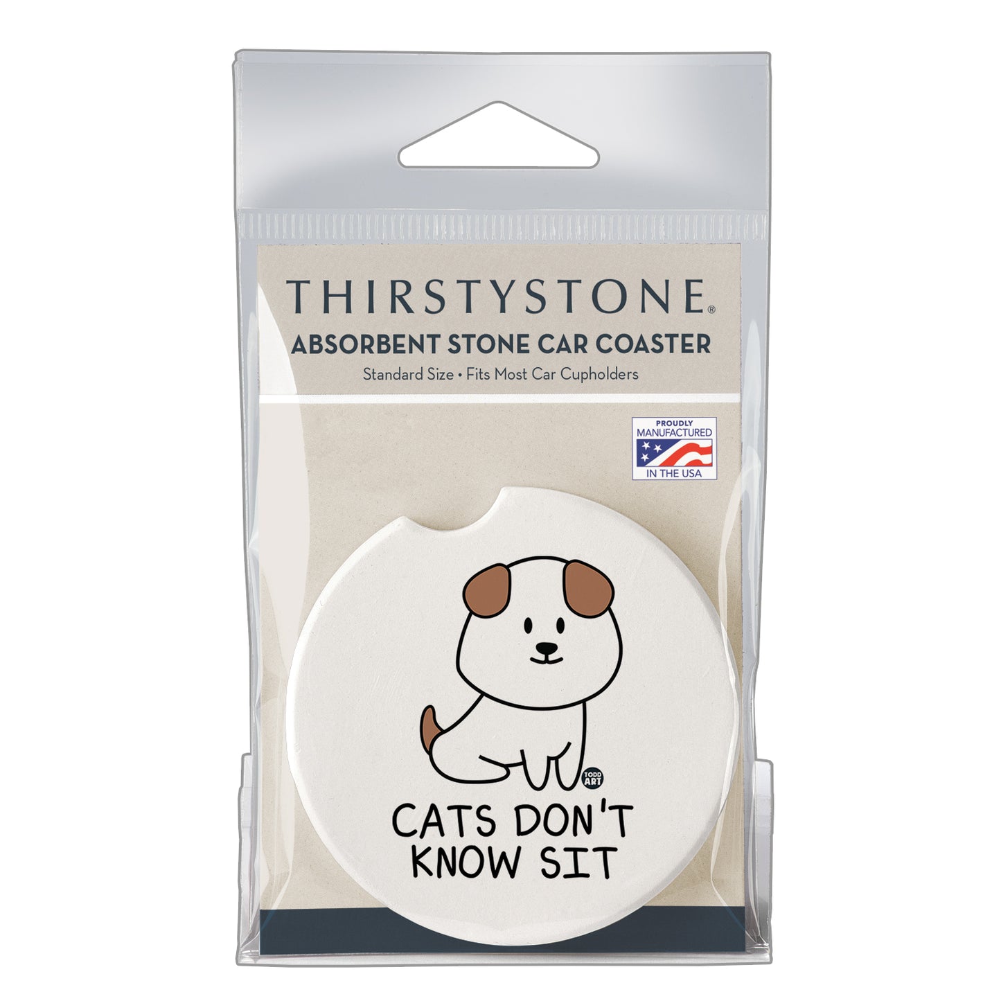 Thirstystone Cats Don't Know Sit Single Absorbent Stone Coaster for Vehicle Cup Holder 2.6” Diameter Manufactured in The USA