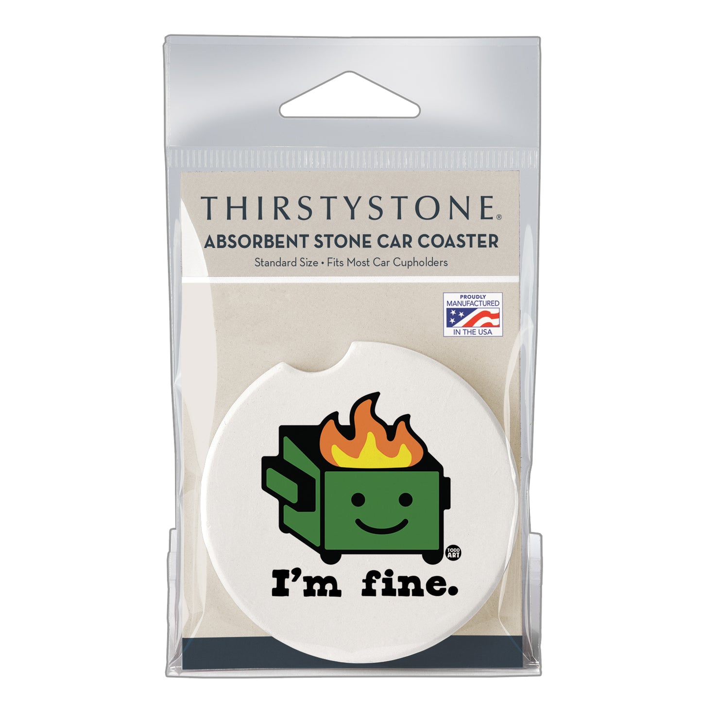 Thirstystone I'm Fine Single Absorbent Stone Coaster for Vehicle Cup Holder 2.6” Diameter Manufactured in The USA