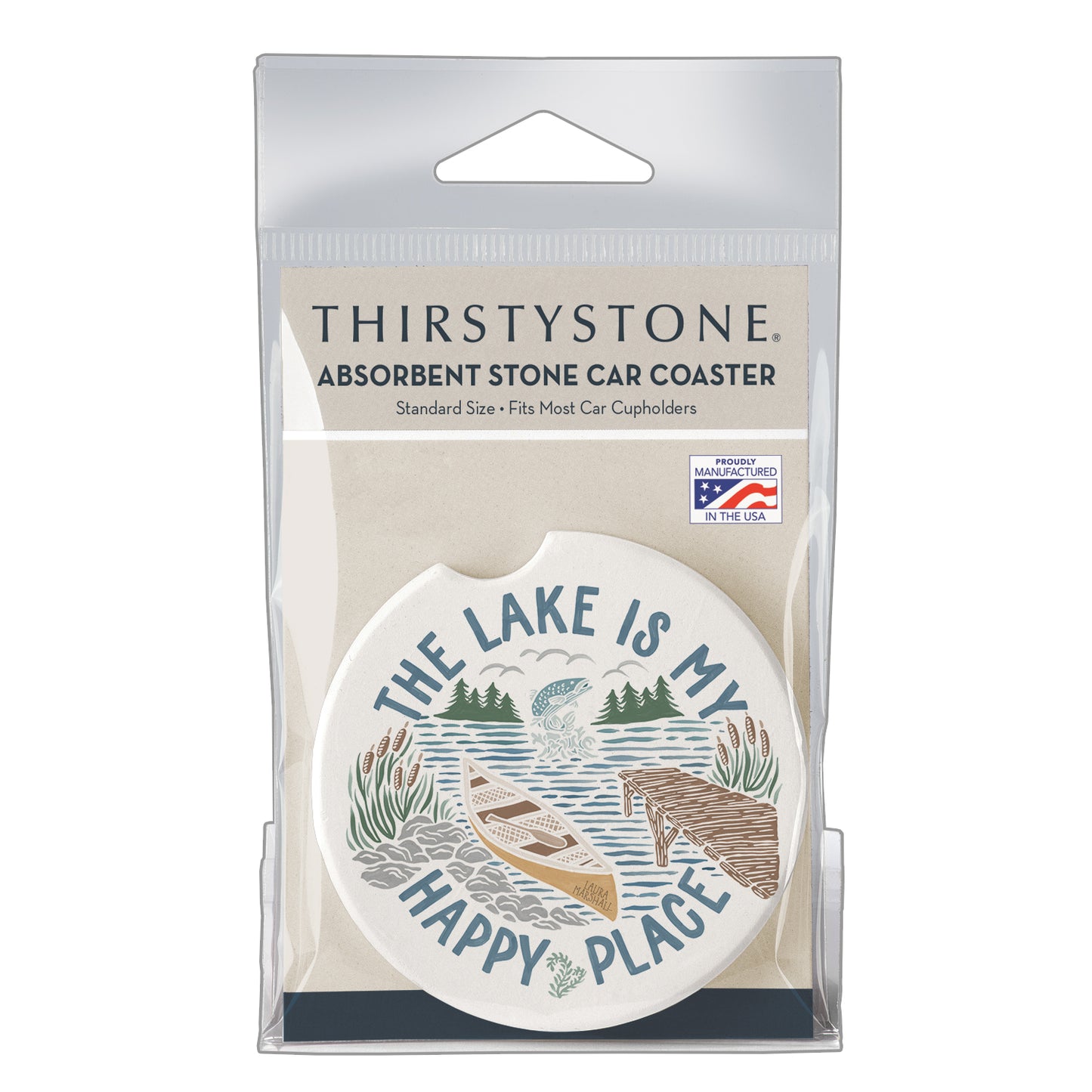 Thirstystone Lakeside Days Single Absorbent Stone Coaster for Vehicle Cup Holder 2.6” Diameter Manufactured in The USA