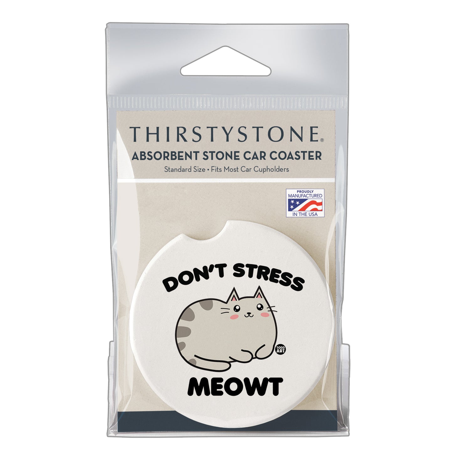 Thirstystone Don't Stress Meowt Single Absorbent Stone Coaster for Vehicle Cup Holder 2.6” Diameter Manufactured in The USA