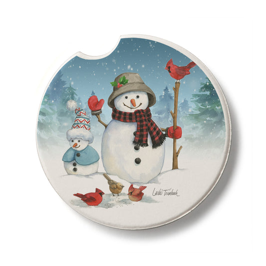 Snowman Family Single Absorbent Stone Car Coaster 2.6” Diameter Manufactured in the USA