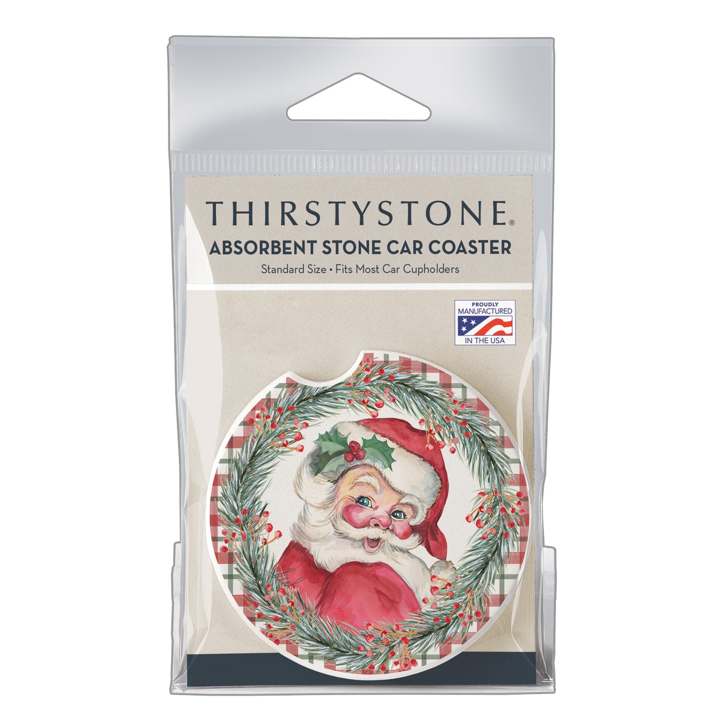 Thirstystone Vintage Santa Single Absorbent Stone Coaster for Vehicle Cup Holder 2.6” Diameter Manufactured in The USA