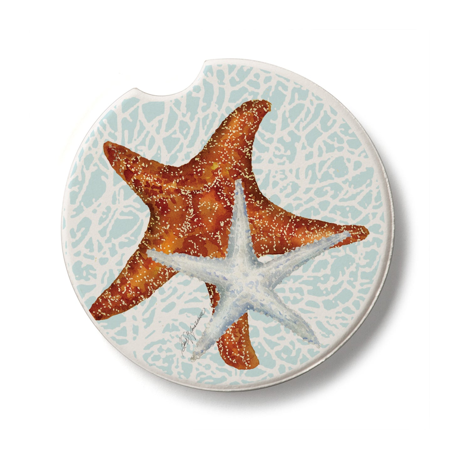 Seas The Day Starfish Single Absorbent Stone Car Coaster 2.6” Diameter Manufactured in the USA
