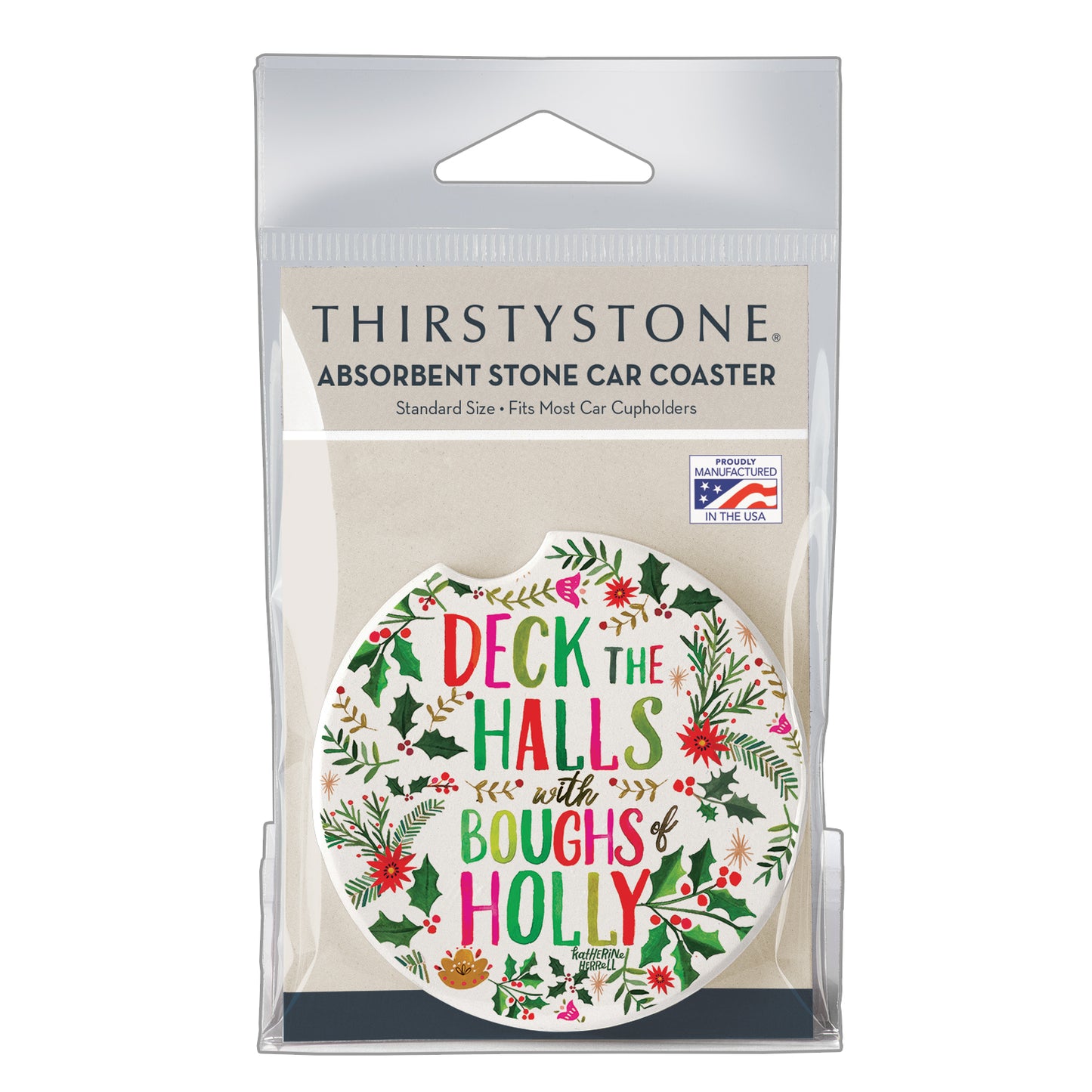 Thirstystone Deck The Halls Single Absorbent Stone Coaster for Vehicle Cup Holder 2.6” Diameter Manufactured in The USA