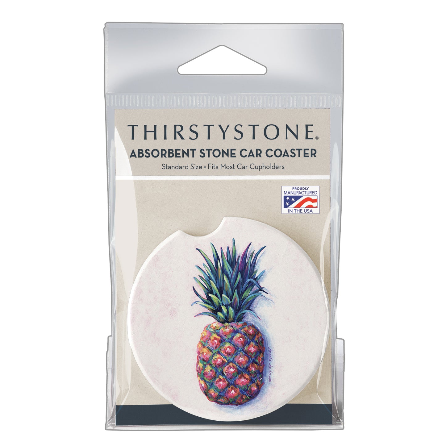 Thirstystone Pineapple Single Absorbent Stone Coaster for Vehicle Cup Holder 2.6” Diameter Manufactured in The USA