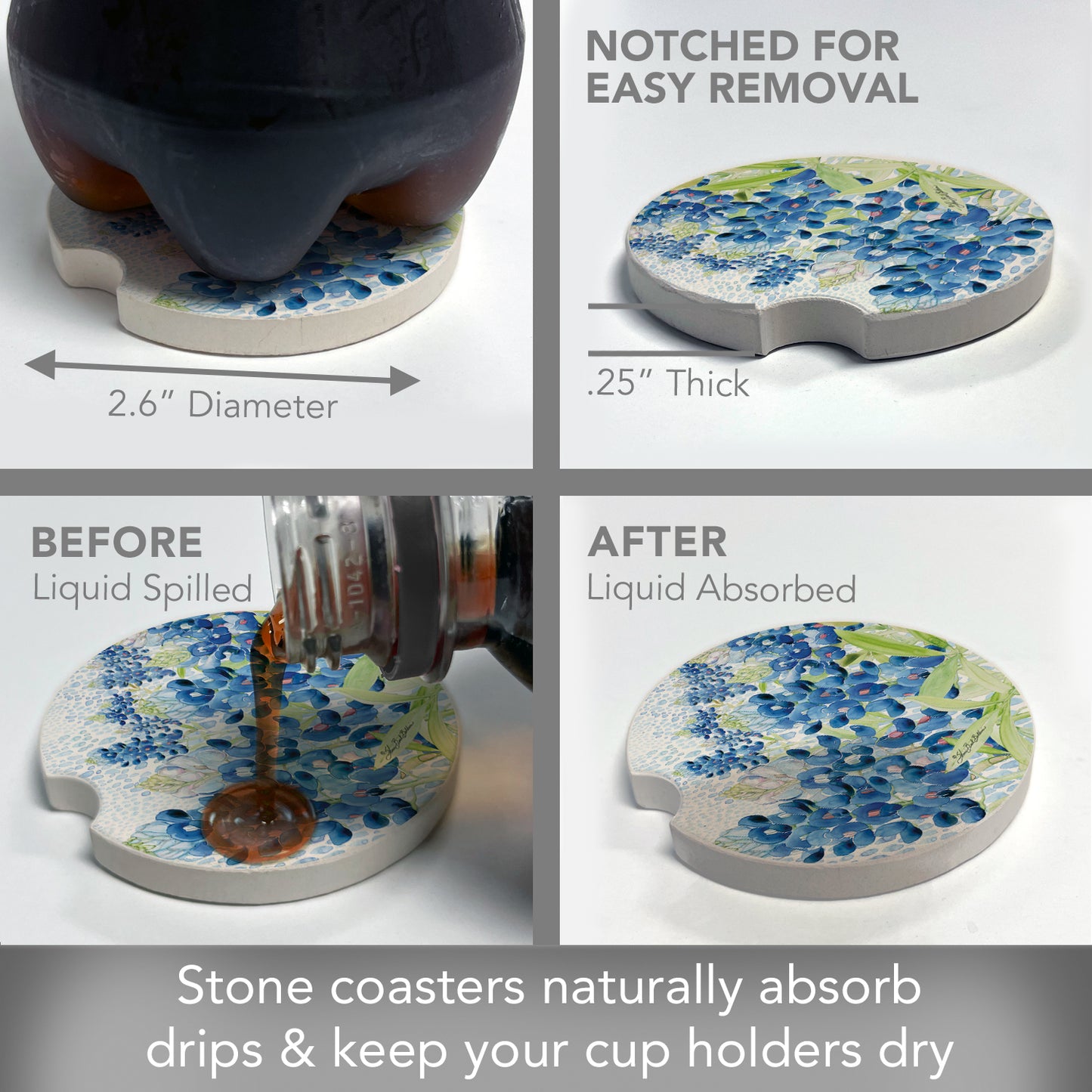 Thirstystone Blue Bonnet Field Single Absorbent Stone Coaster for Vehicle Cup Holder 2.6” Diameter Manufactured in The USA