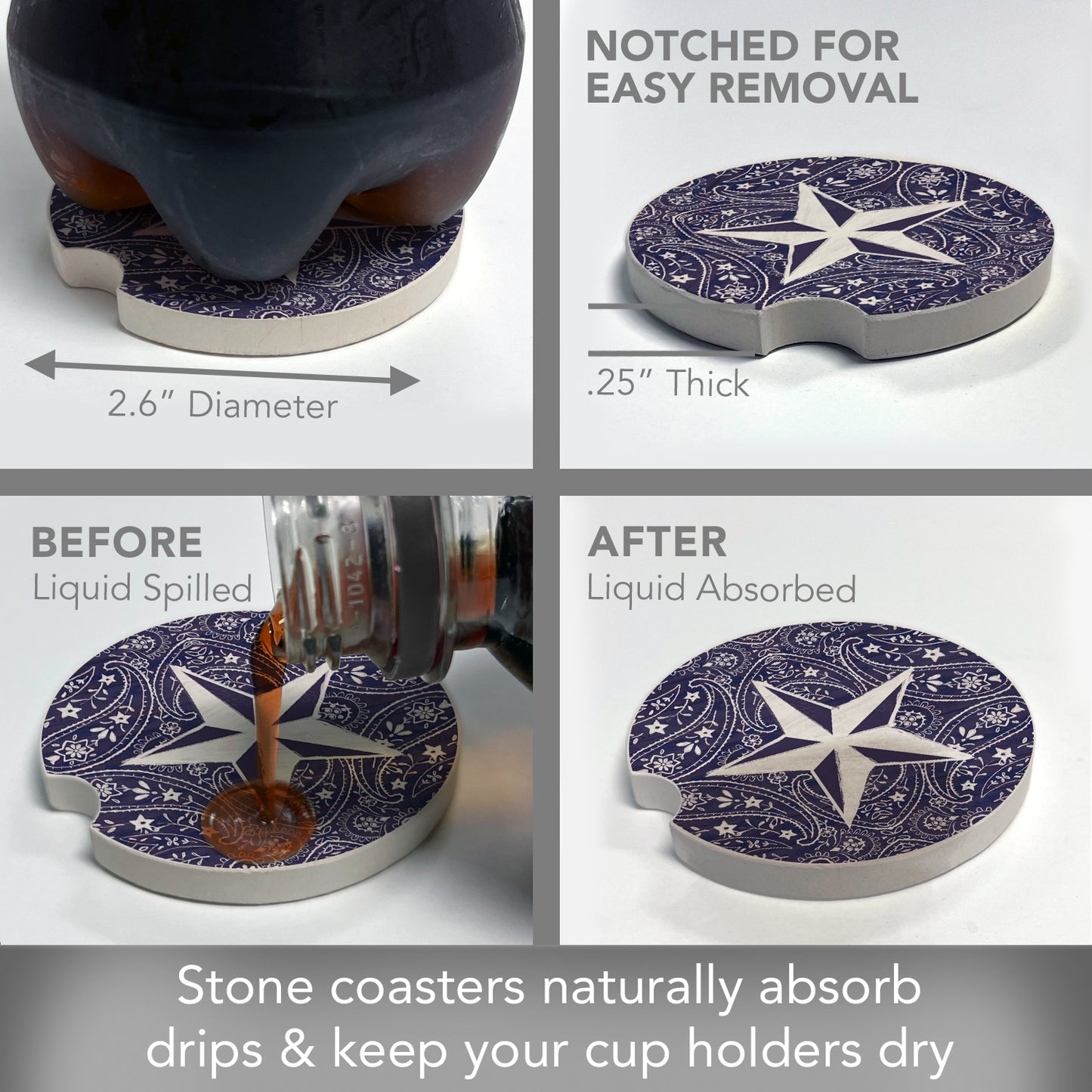 Thirstystone Blue Bandana Stars Single Absorbent Stone Coaster for Vehicle Cup Holder 2.6” Diameter Manufactured in The USA