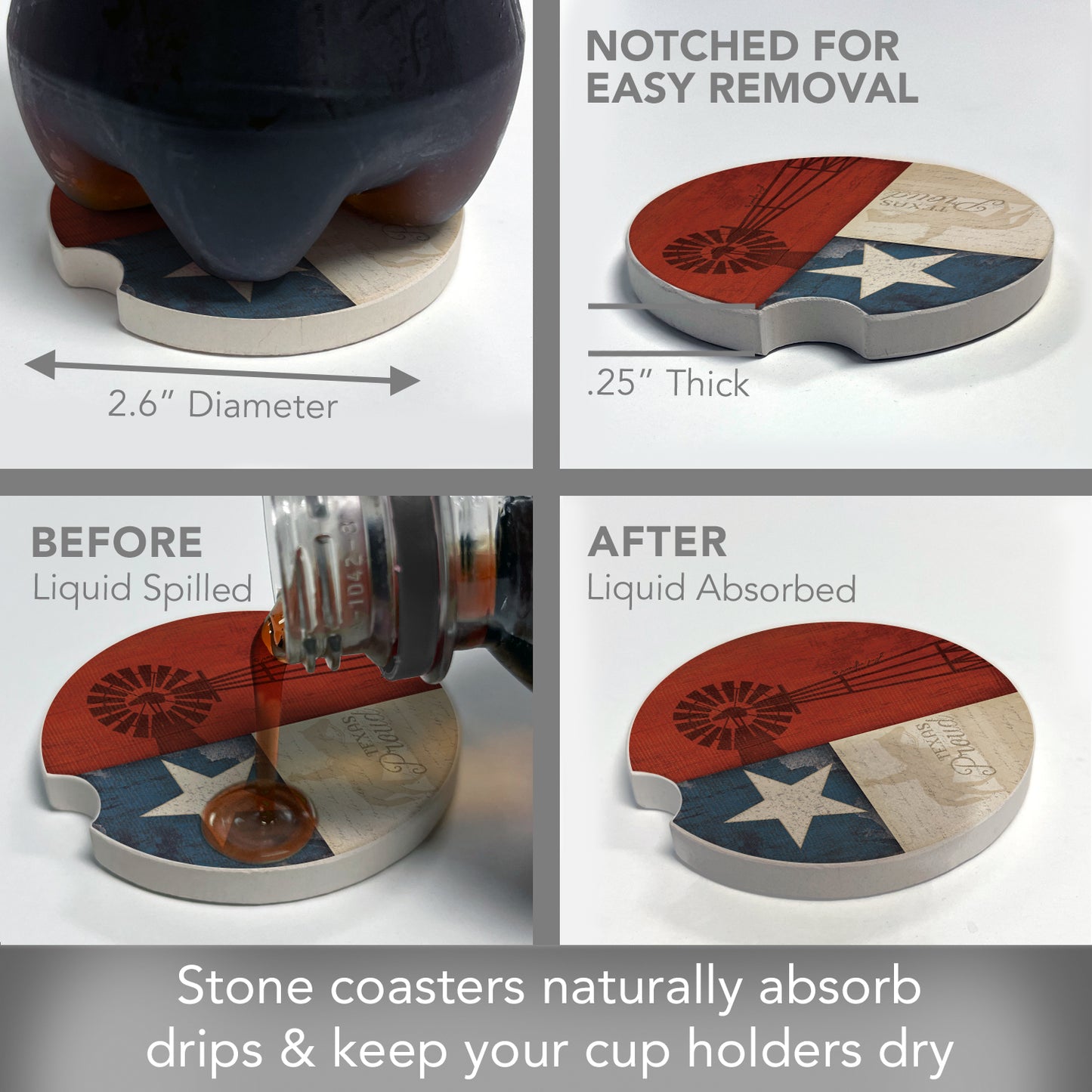 Thirstystone Texas Proud Single Absorbent Stone Coaster for Vehicle Cup Holder 2.6” Diameter Manufactured in The USA
