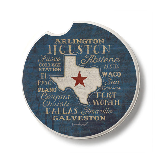 Texas Cities Single Absorbent Stone Car Coaster 2.6” Diameter Manufactured in the USA