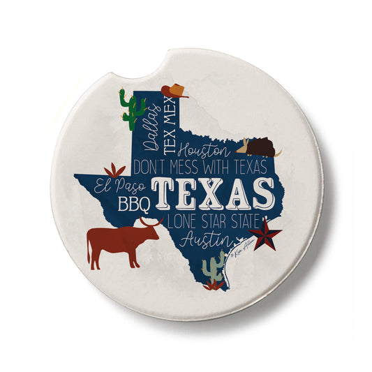 Texas Favorites Single Absorbent Stone Car Coaster 2.6” Diameter Manufactured in the USA