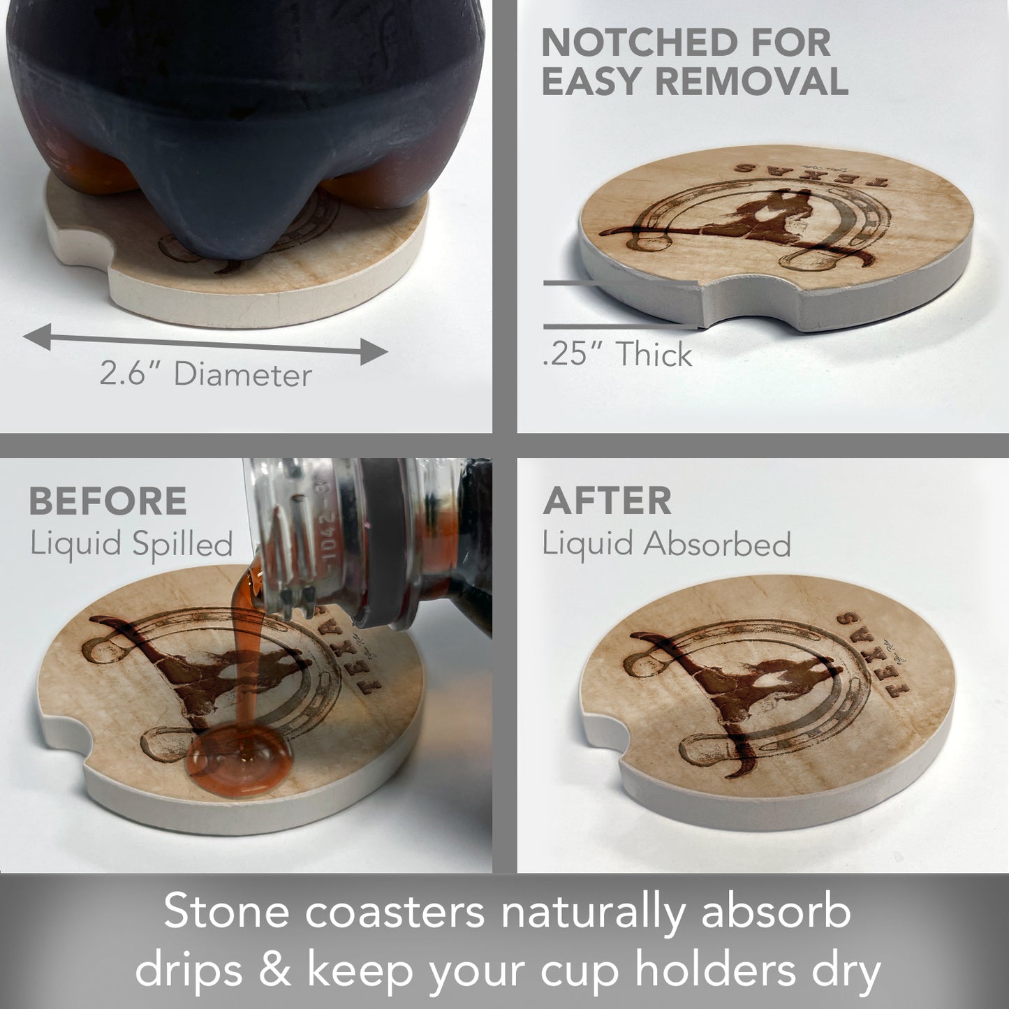 Thirstystone Western Skull Single Absorbent Stone Coaster for Vehicle Cup Holder 2.6” Diameter Manufactured in The USA