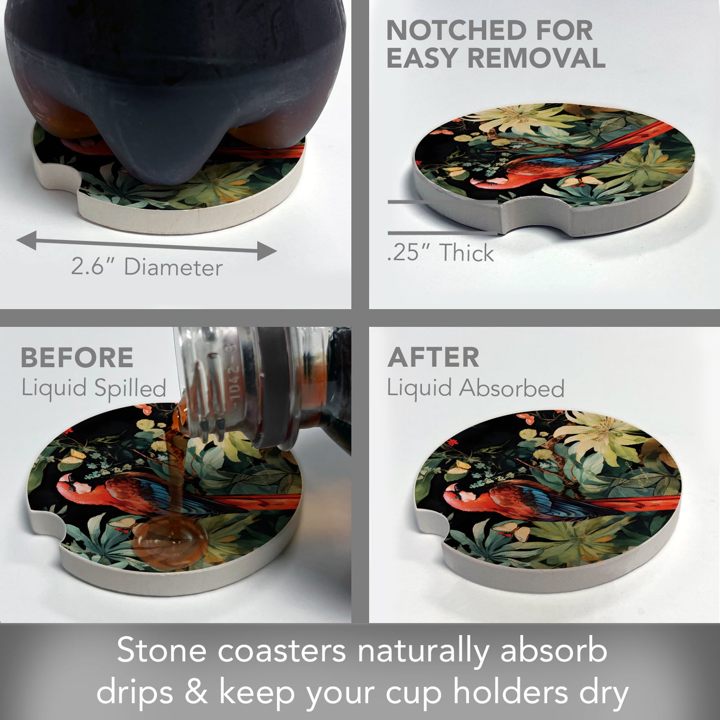 Thirstystone Parrot Party Single Absorbent Stone Coaster for Vehicle Cup Holder 2.6” Diameter Manufactured in The USA