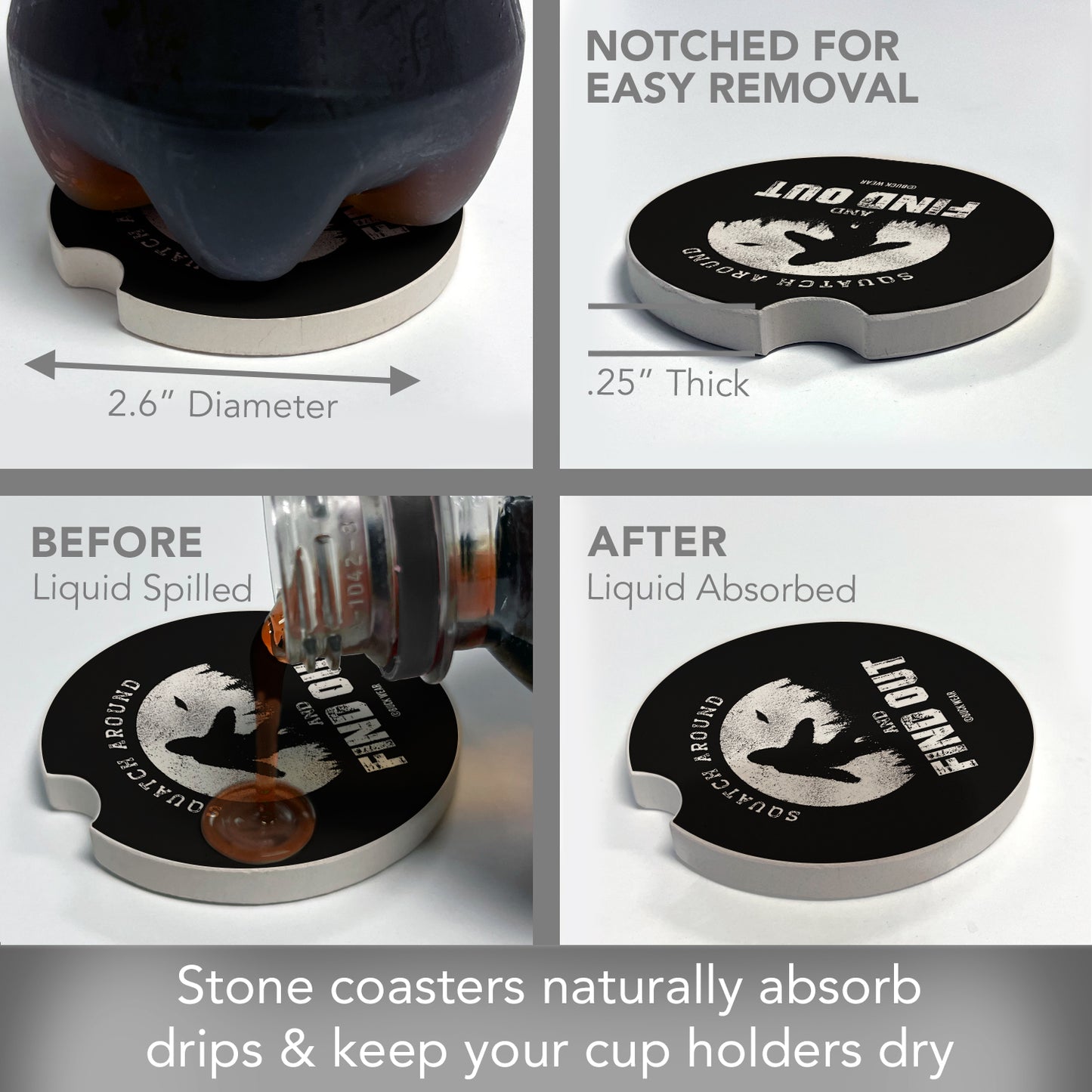 Thirstystone Squatch Around Single Absorbent Stone Coaster for Vehicle Cup Holder 2.6” Diameter Manufactured in The USA