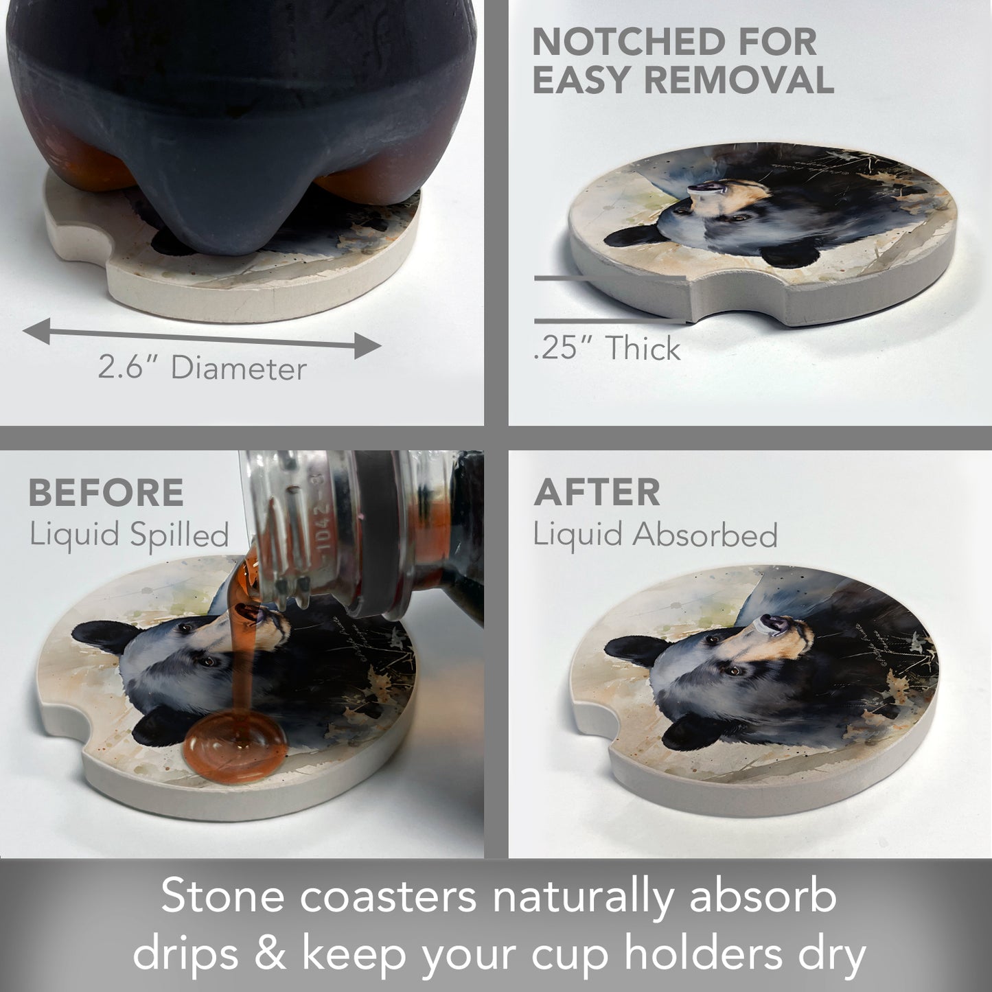 Thirstystone Wilderness Bear Single Absorbent Stone Coaster for Vehicle Cup Holder 2.6” Diameter Manufactured in The USA
