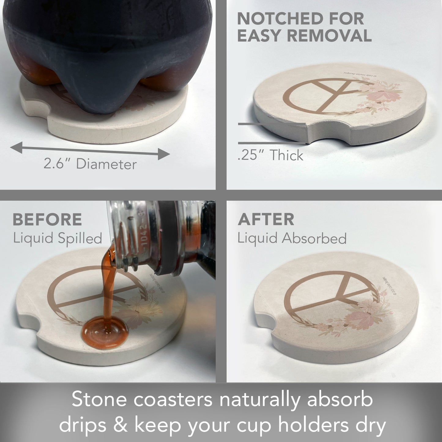 Thirstystone Floral Peace Single Absorbnent Stone Coaster for Vehicle Cup Holder 2.6” Diameter Manufactured in The USA