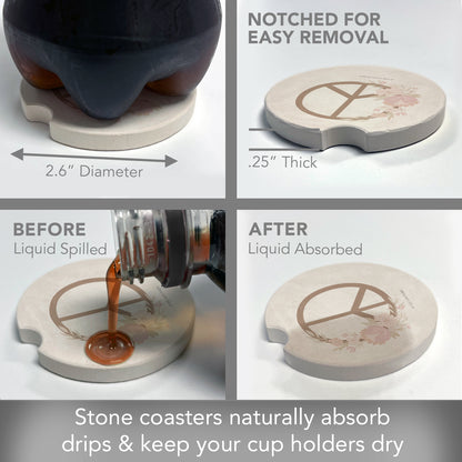 Thirstystone Floral Peace Single Absorbnent Stone Coaster for Vehicle Cup Holder 2.6” Diameter Manufactured in The USA