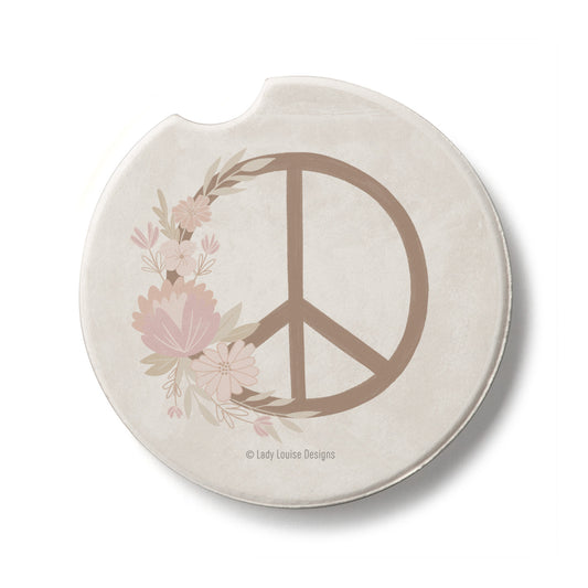 Floral Peace Single Absorbent Stone Car Coaster 2.6” Diameter Manufactured in the USA