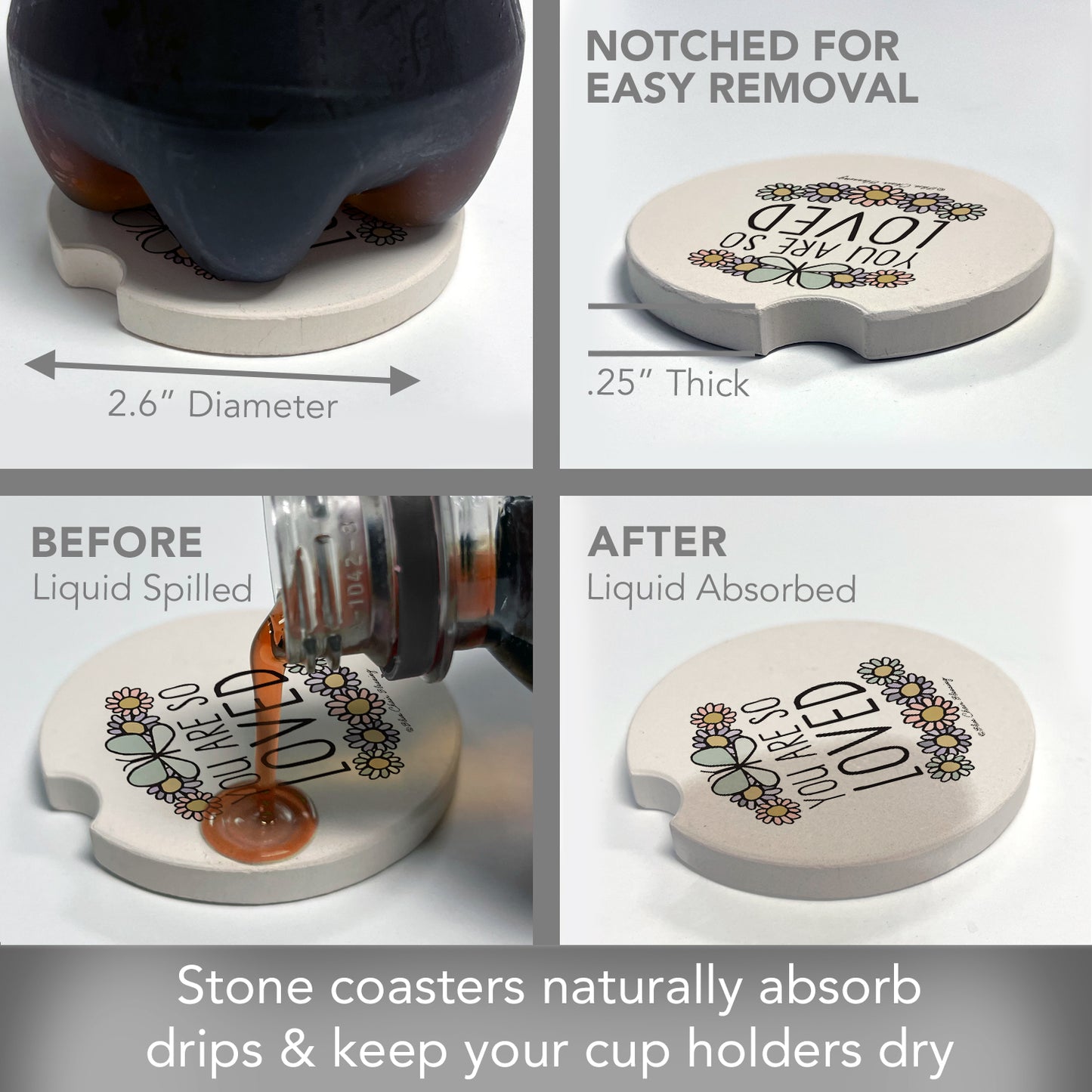 Thirstystone So Loved Single Absorbent Stone Coaster for Vehicle Cup Holder 2.6” Diameter Manufactured in The USA