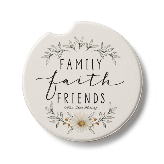 Family Faith Friends Single Absorbent Stone Car Coaster 2.6” Diameter Manufactured in the USA