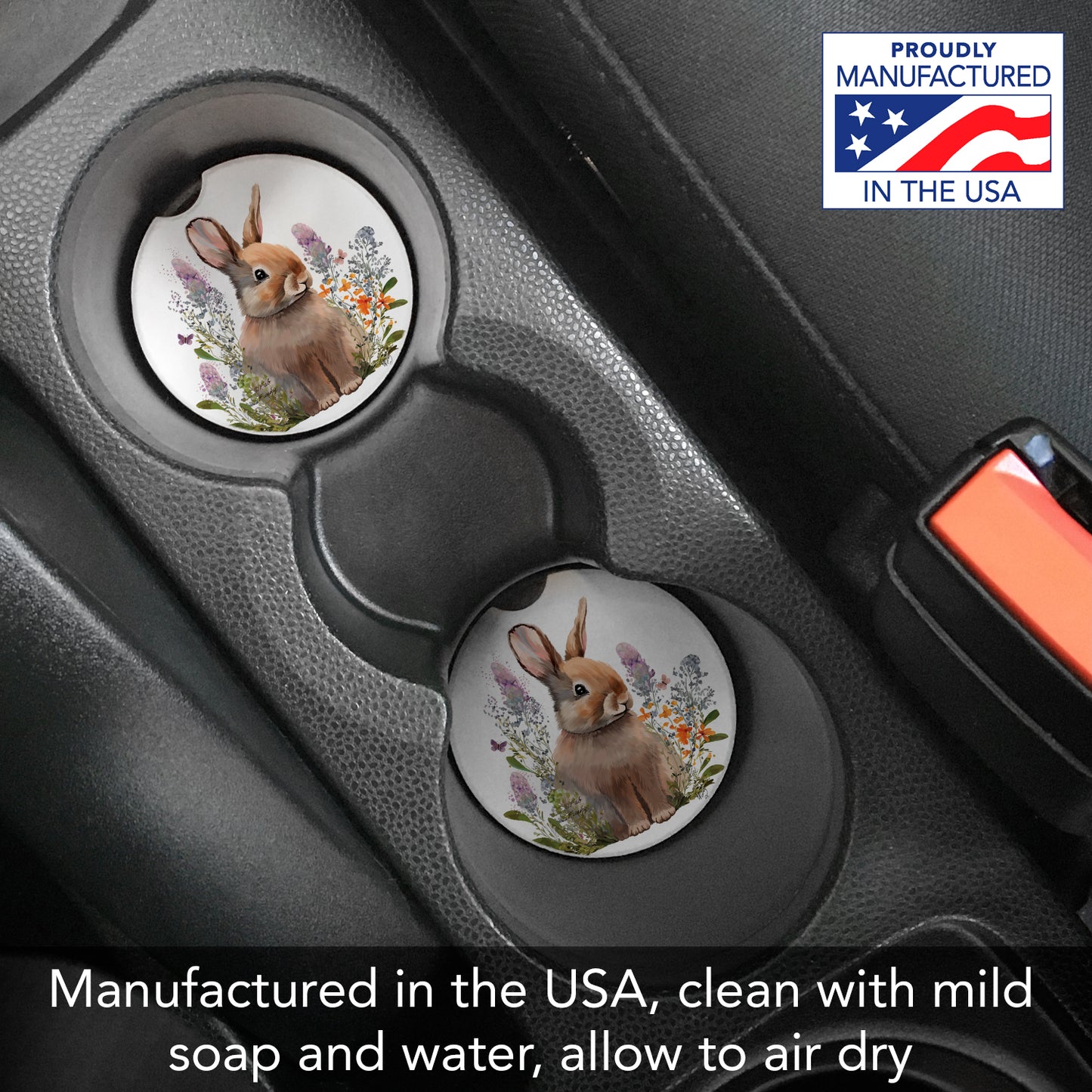Thirstystone Rabbit in Lupins Single Absorbent Stone Coaster for Vehicle Cup Holder 2.6” Diameter Manufactured in The USA