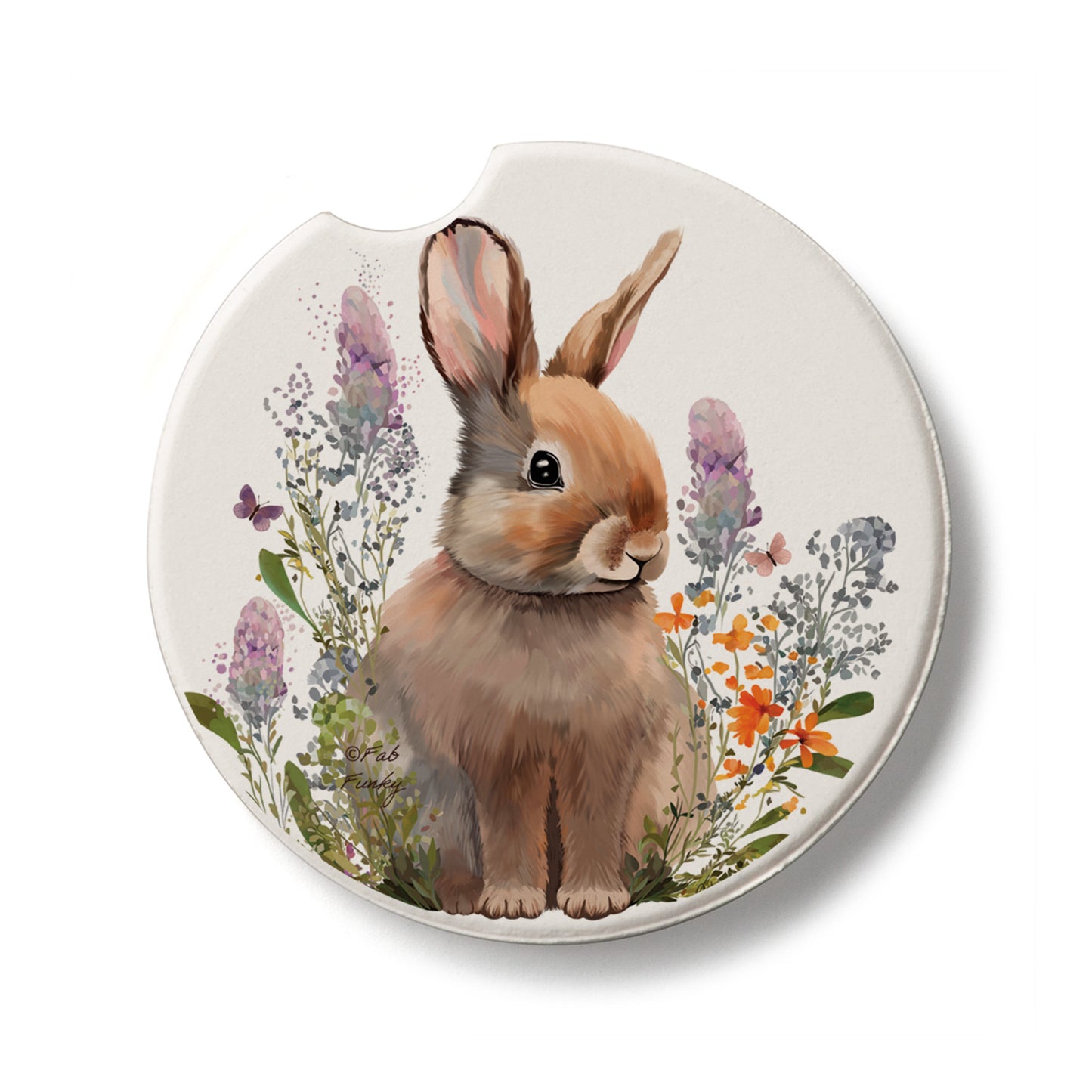 Rabbit in Lupins Single Absorbent Stone Car Coaster 2.6” Diameter Manufactured in the USA