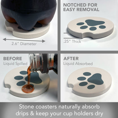 Thirstystone Printed Paw Single Absorbent Stone Car Coaster for Vehicle Cup Holder 2.6” Diameter Manufactured in The USA
