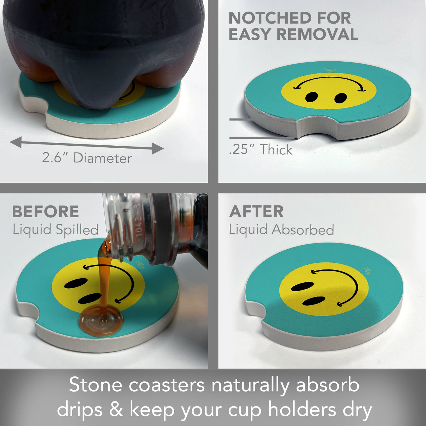 Thirstystone Smile More Single Absorbent Stone Coaster for Vehicle Cup Holder 2.6” Diameter Manufactured in The USA