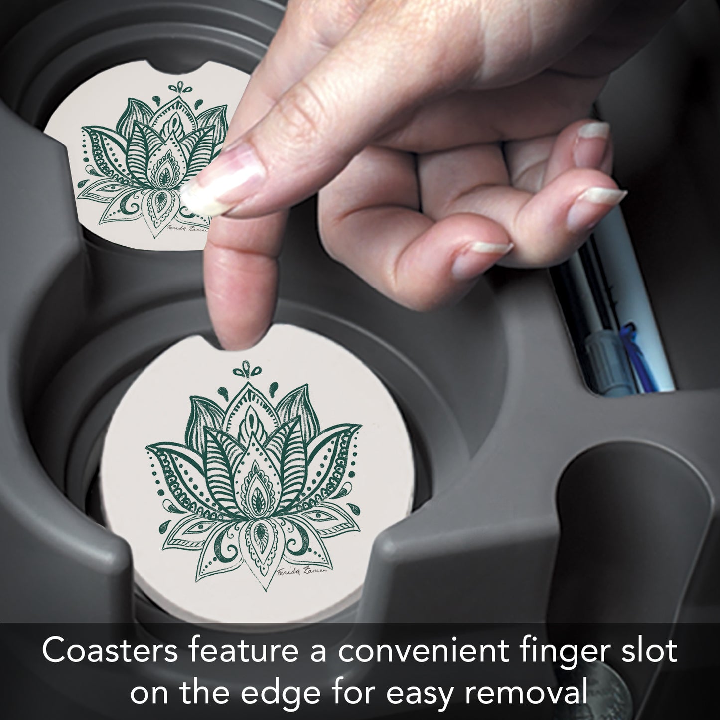 Thirstystone Lotus Sketch Single Absorbent Stone Car Coaster for Vehicle Cup Holder 2.6” Diameter Manufactured in The USA