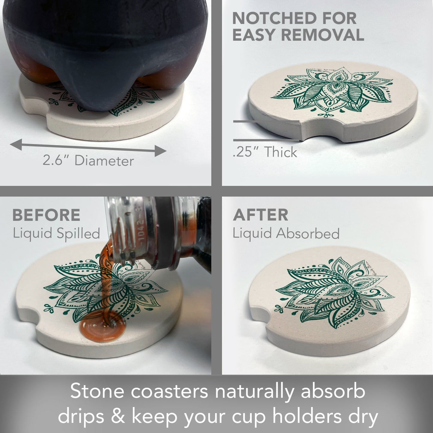 Thirstystone Lotus Sketch Single Absorbent Stone Car Coaster for Vehicle Cup Holder 2.6” Diameter Manufactured in The USA