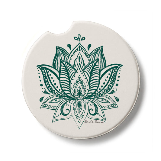 Lotus Sketch Single Absorbent Stone Car Coaster 2.6” Diameter Manufactured in the USA