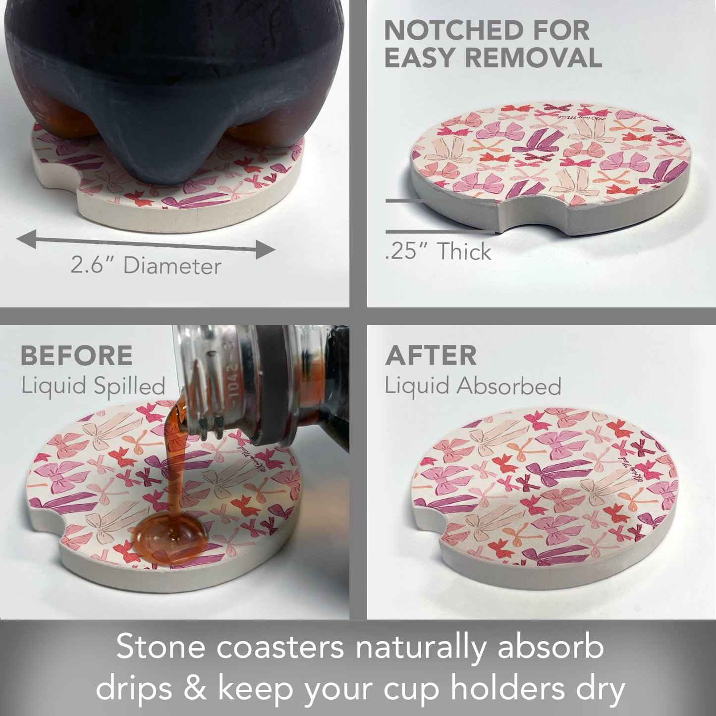 Thirstystone Mixed Bows Single Absorbent Stone Car Coaster for Vehicle Cup Holder 2.6” Diameter Manufactured in The USA