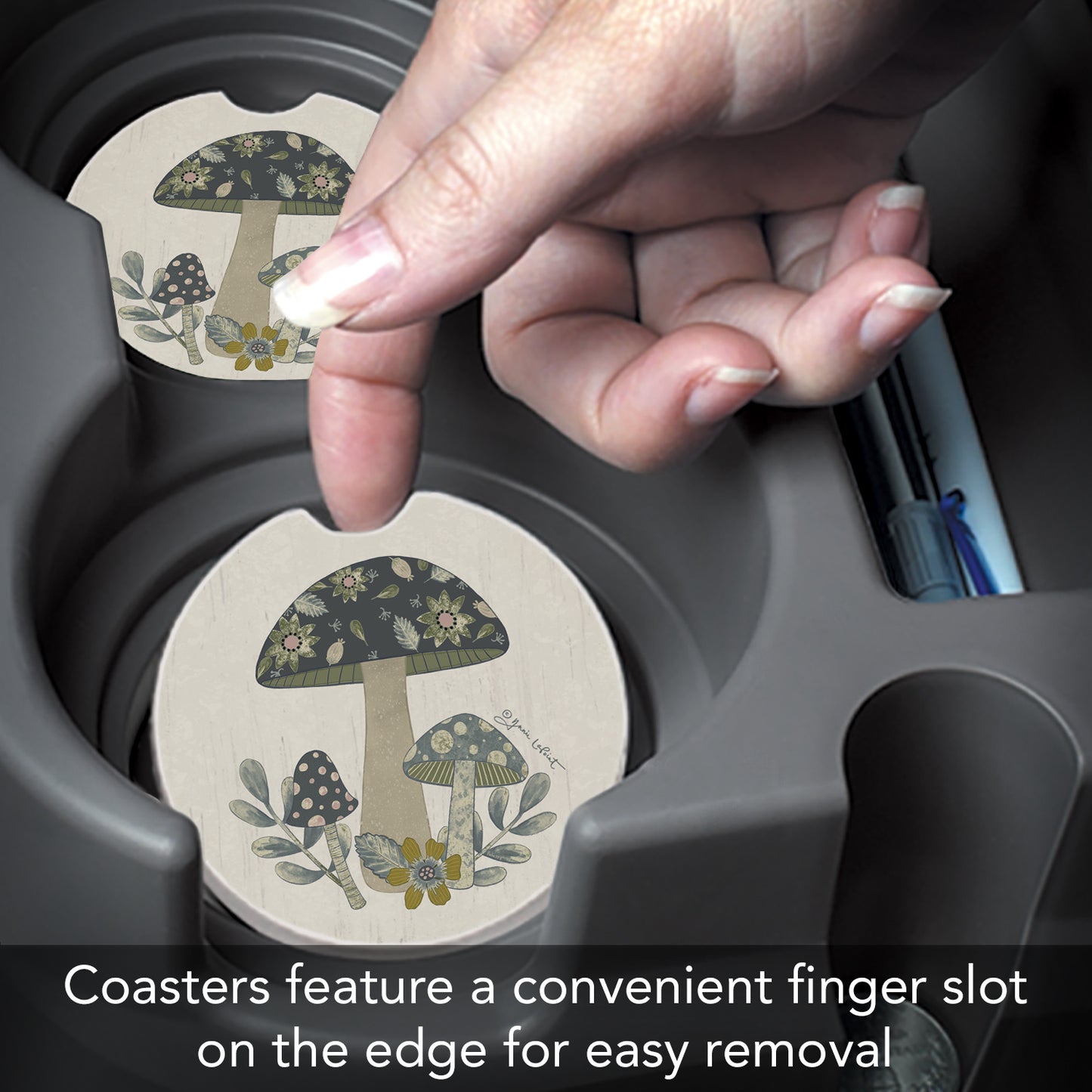 Thirstystone Patterned Mushrooms Single Absorbent Stone Car Coaster 2.6” Diameter Manufactured in The USA