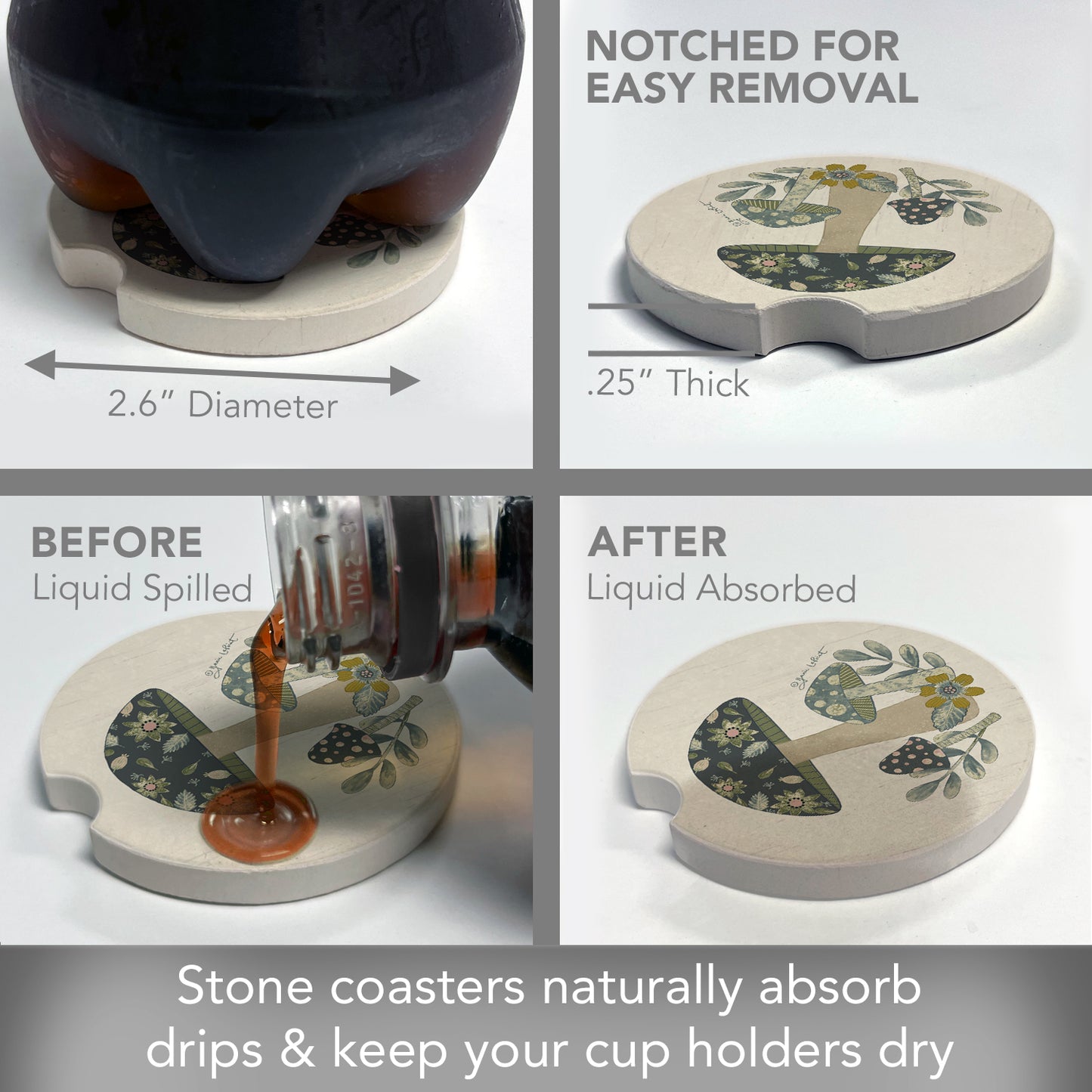 Thirstystone Patterned Mushrooms Single Absorbent Stone Car Coaster 2.6” Diameter Manufactured in The USA