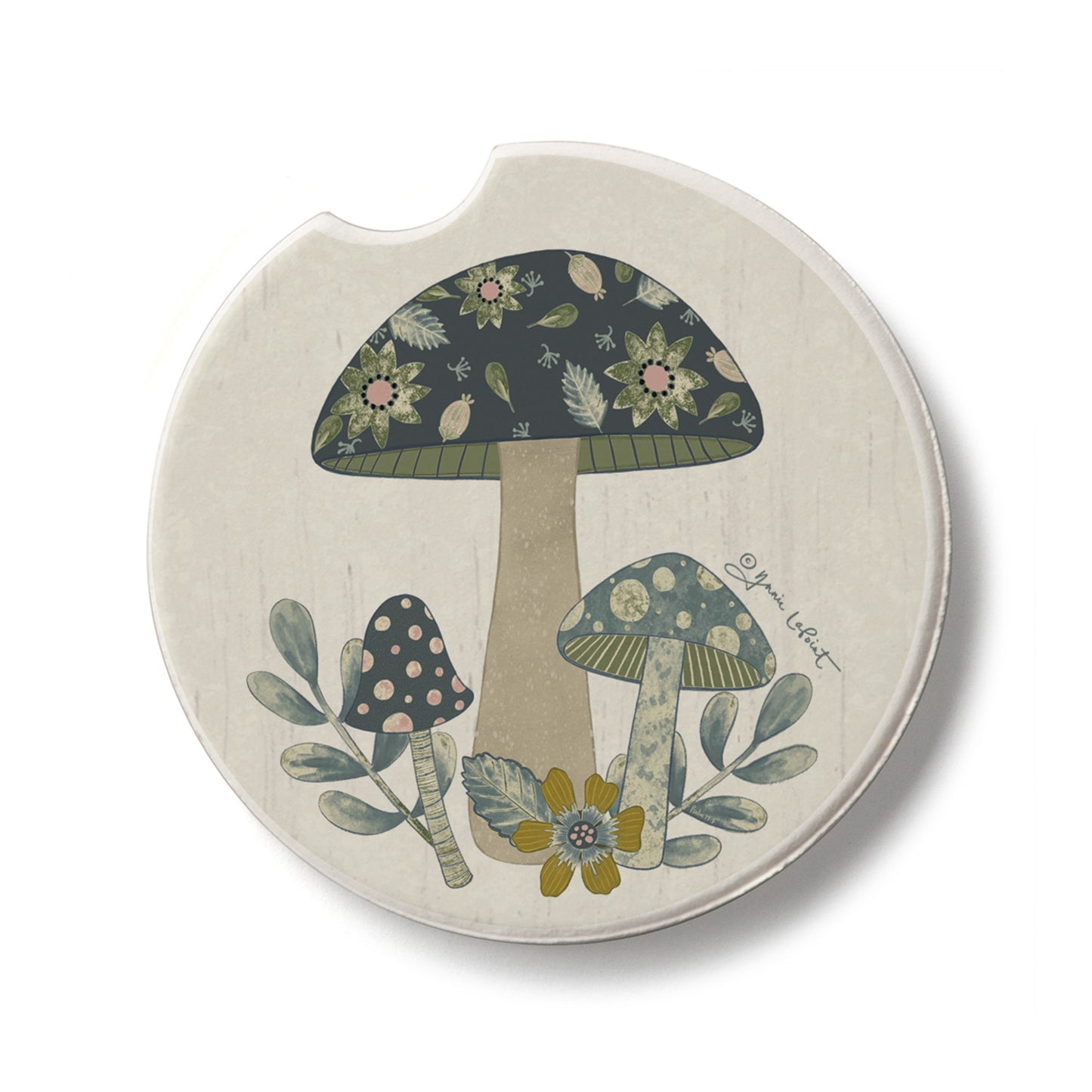 Patterned Mushrooms Single Absorbent Stone Car Coaster 2.6” Diameter Manufactured in the USA