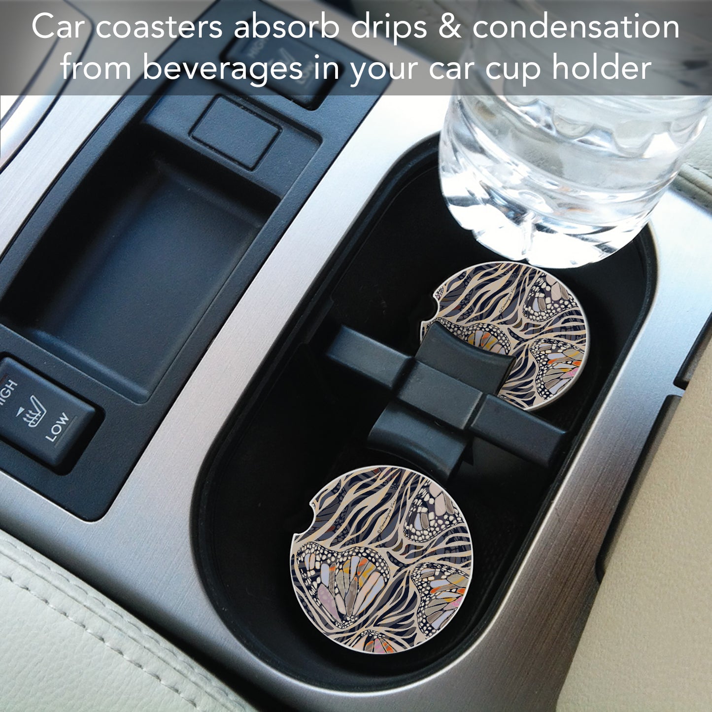 Thirstystone Zebra Butterflies Single Absorbent Stone Coaster for Vehicle Cup Holder 2.6” Diameter Manufactured in The USA