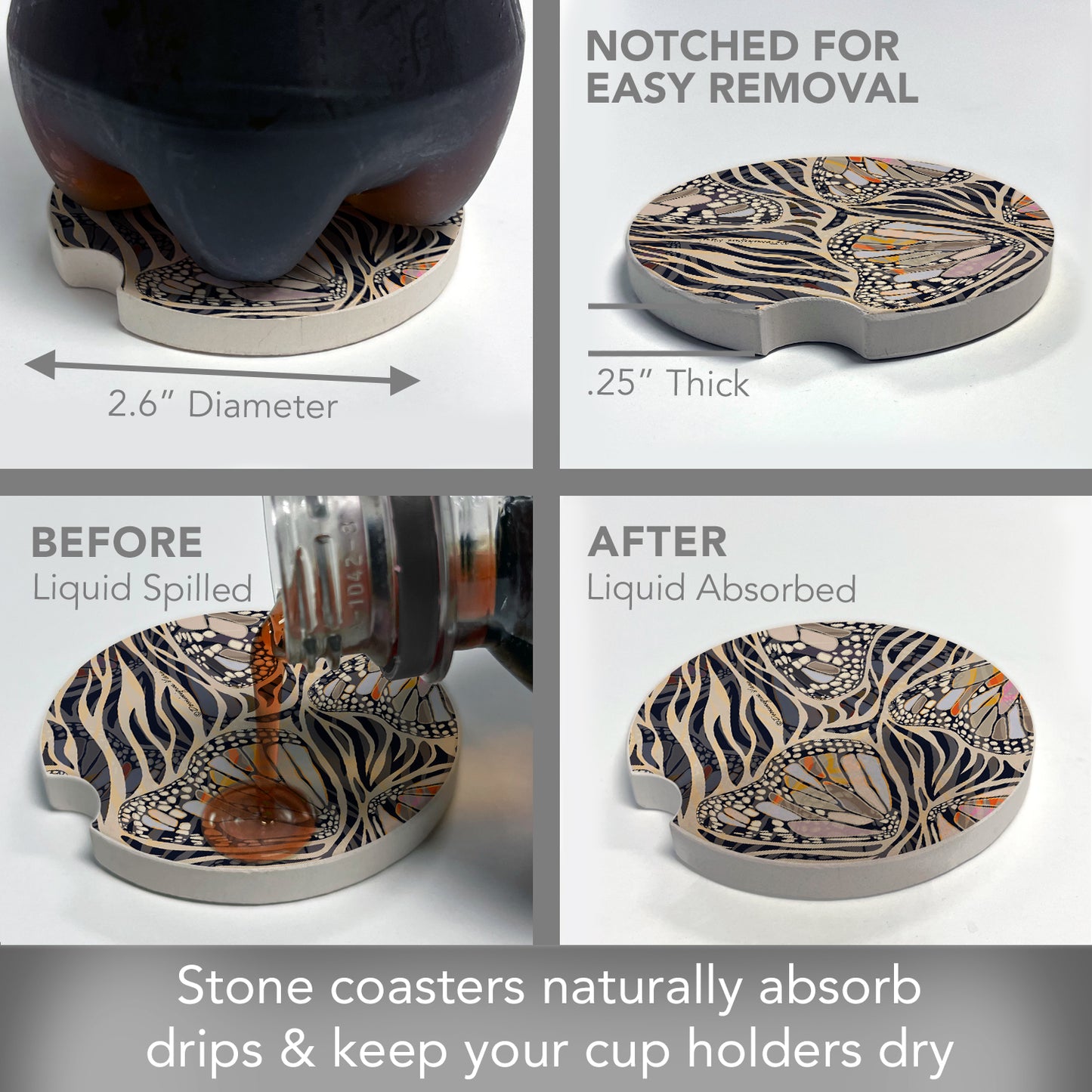 Thirstystone Zebra Butterflies Single Absorbent Stone Coaster for Vehicle Cup Holder 2.6” Diameter Manufactured in The USA
