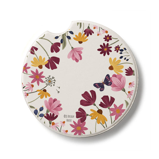 Blooming Border Single Absorbent Stone Car Coaster 2.6” Diameter Manufactured in the USA