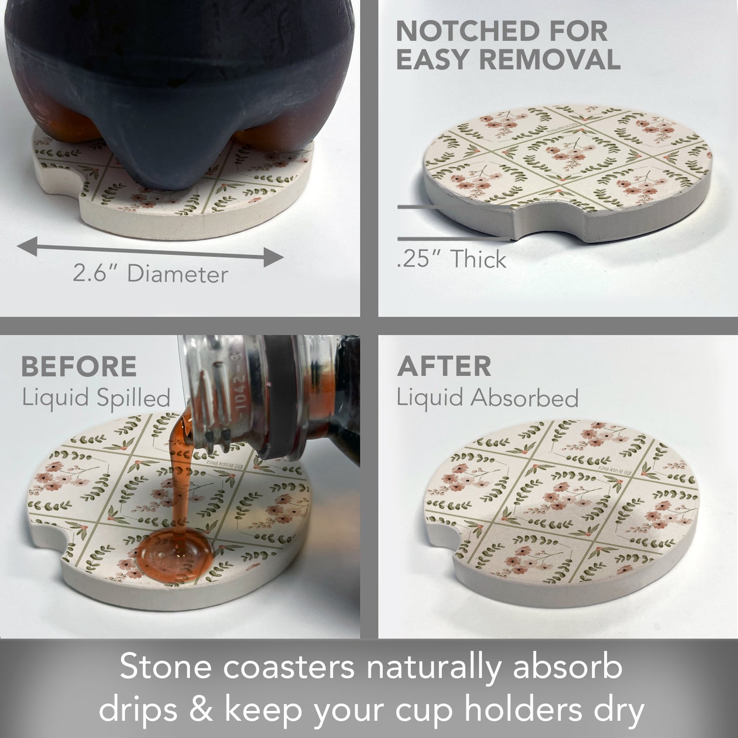 Thirstystone Wildflower Tile Single Absorbent Stone Coaster for Vehicle Cup Holder 2.6” Diameter Manufactured in The USA