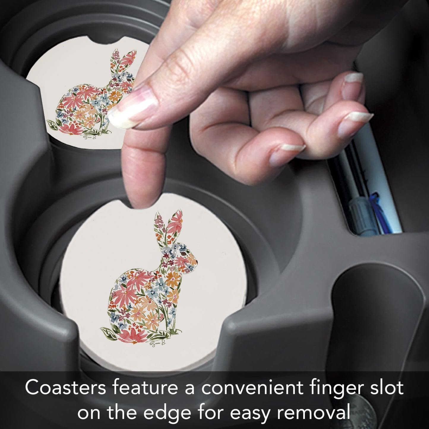 Thirstystone Floral Bunny Single Absorbent Stone Coaster for Vehicle Cup Holder 2.6” Diameter Manufactured in The USA