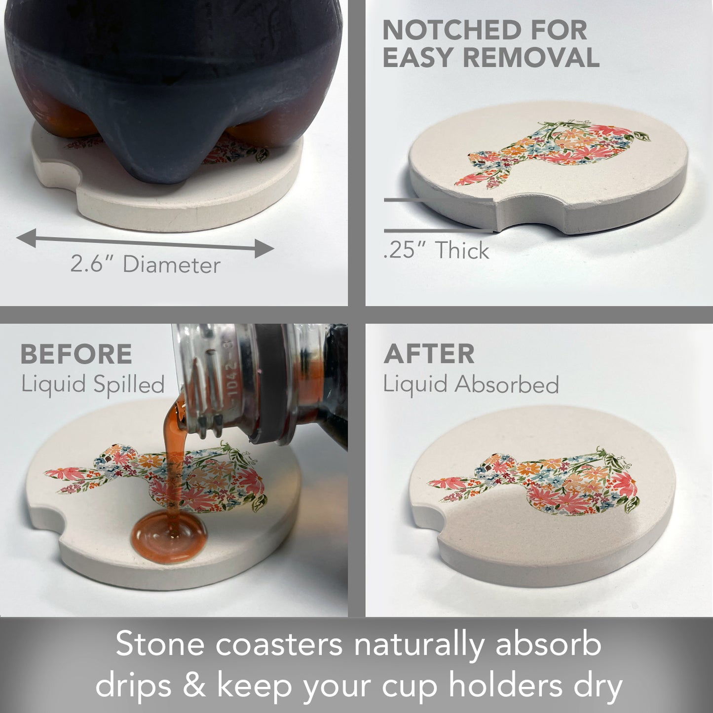 Thirstystone Floral Bunny Single Absorbent Stone Coaster for Vehicle Cup Holder 2.6” Diameter Manufactured in The USA