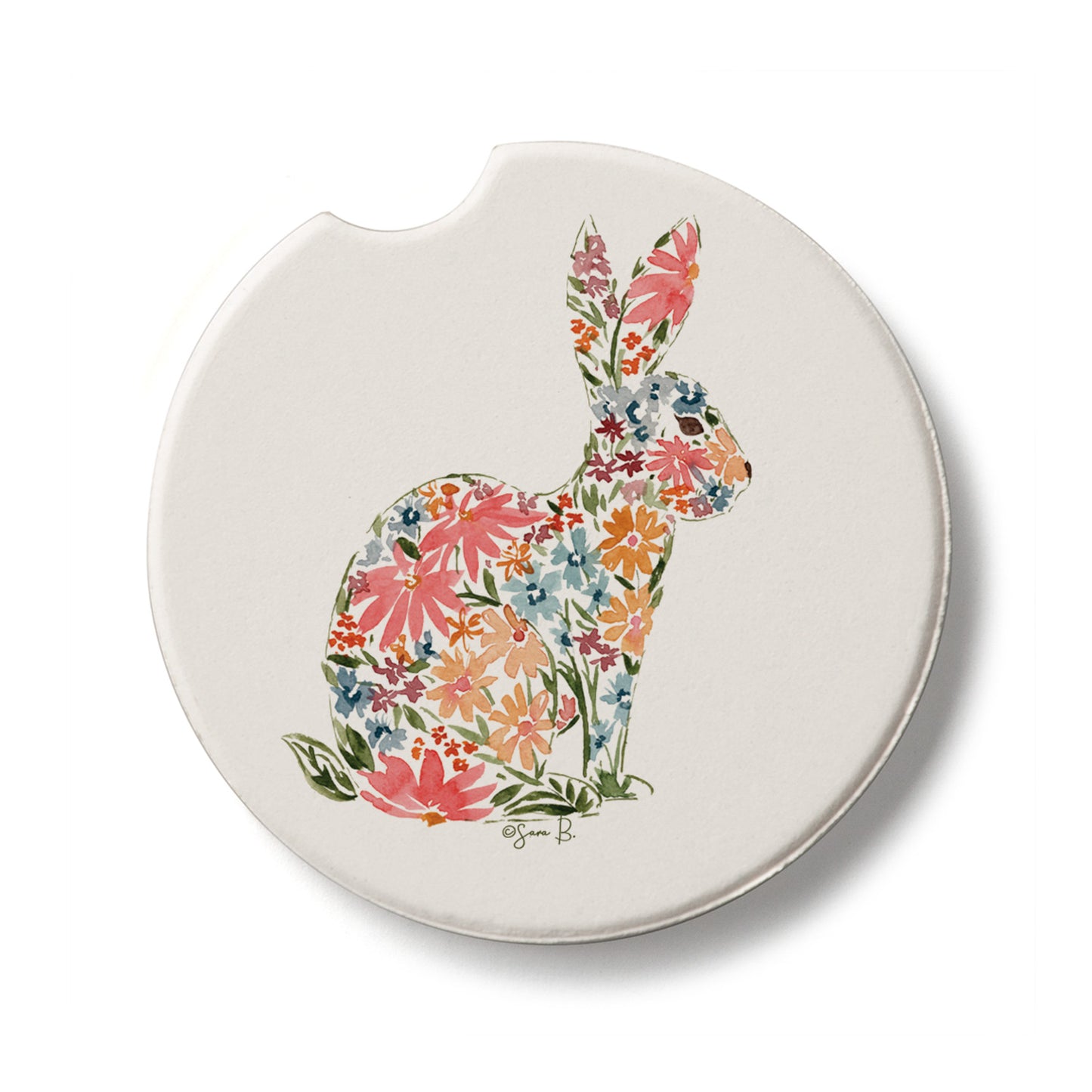 Floral Bunny Single Absorbent Stone Car Coaster 2.6” Diameter Manufactured in the USA