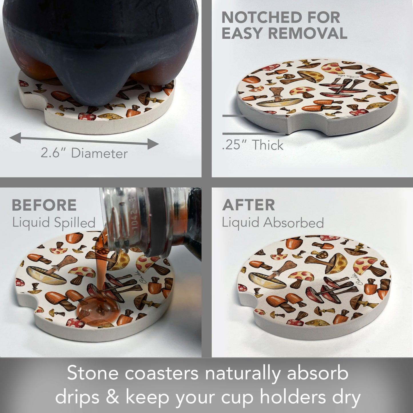 Thirstystone Mushroom Harvest Single Absorbent Stone Coaster for Vehicle Cup Holder 2.6” Diameter Manufactured in The USA