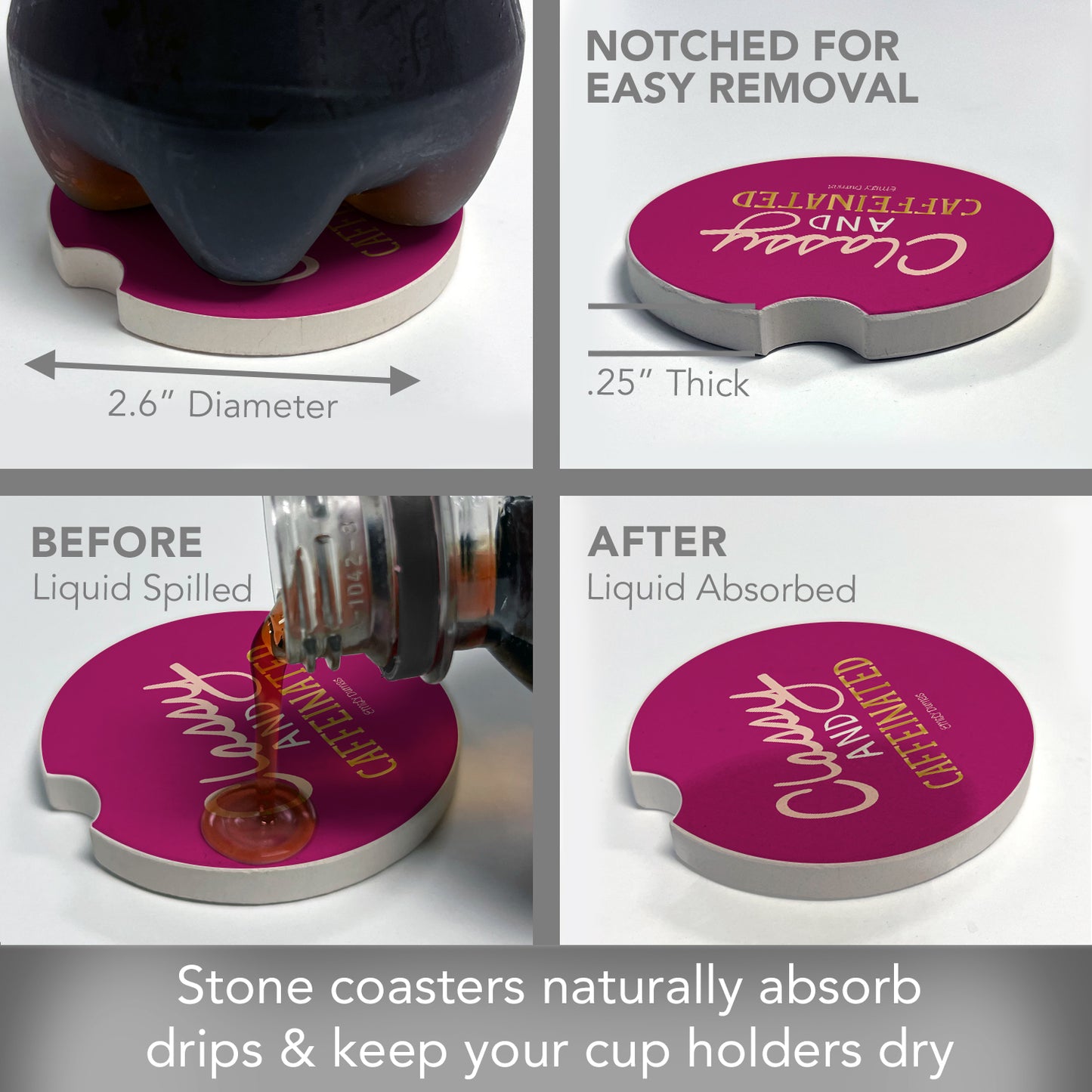 Thirstystone Classy & Caffeinated Single Absorbent Stone Coaster for Vehicle Cup Holder 2.6” Diameter Manufactured in The USA