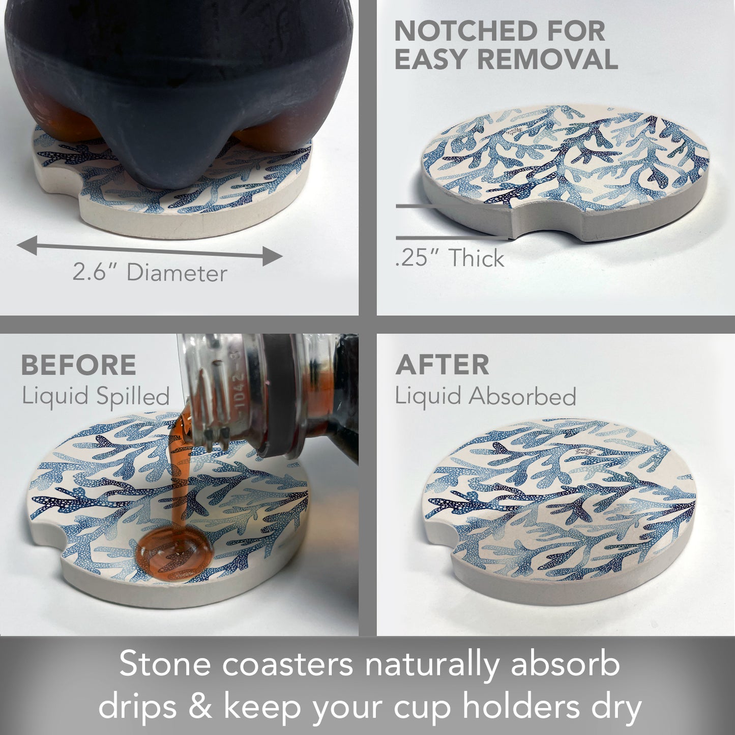 Thirstystone Ocean Coral Single Absorbent Stone Coaster for Vehicle Cup Holder 2.6” Diameter Manufactured in The USA