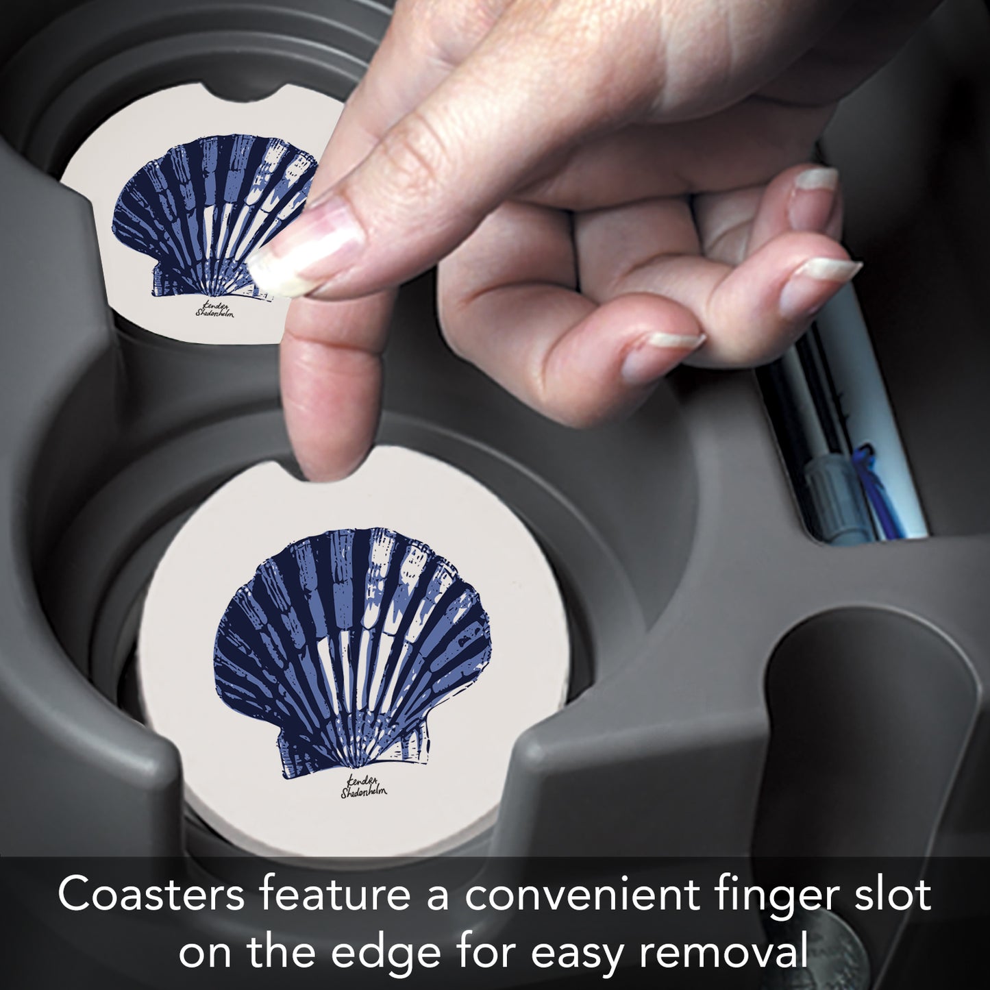 Thirstystone Indigo Scallop Single Absorbent Stone Coaster for Vehicle Cup Holder 2.6” Diameter Manufactured in The USA