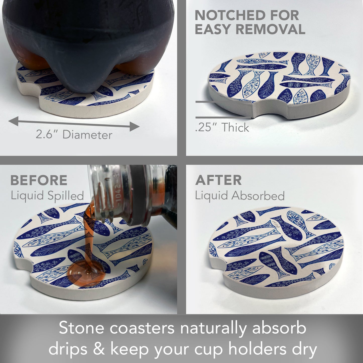Thirstystone Blue Fish Single Absorbent Stone Coaster for Vehicle Cup Holder 2.6” Diameter Manufactured in The USA
