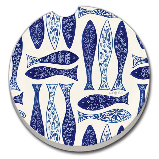 Thirstystone Blue Fish Single Absorbent Stone Coaster for Vehicle Cup Holder 2.6” Diameter Manufactured in The USA